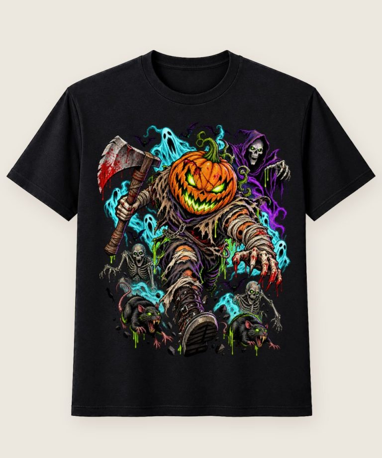 T-Shirt mit Motiv „Kürbis-Sensenmann Halloween Horror Szene“ – Halloween T-Shirts