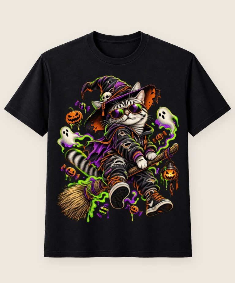 T-Shirt mit Motiv „Lässige Hexenkatze Auf Besen“ – Halloween T-Shirts