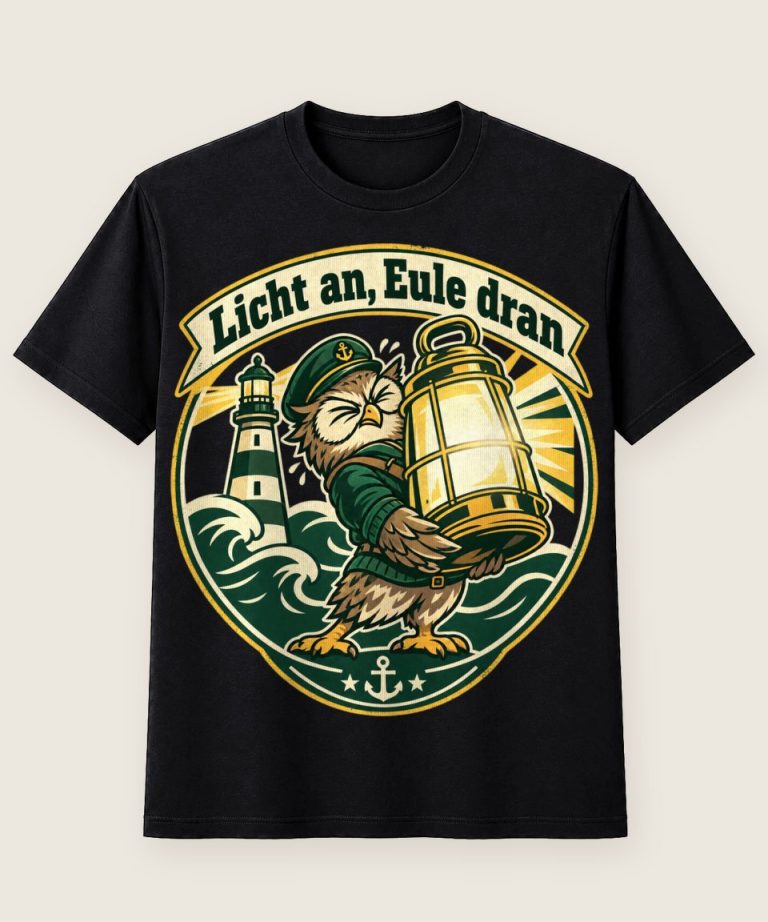 T-Shirt mit Motiv „Leuchtturm Eule Licht an Eule dran“ – Hobby & Freizeit T-Shirts