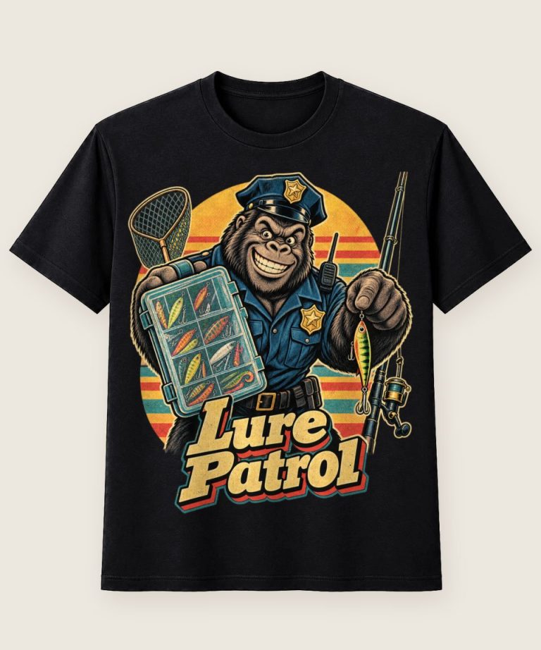 T-Shirt mit Motiv „Lure fishing Hecht Gorilla Polizist“ – Hobby & Freizeit T-Shirts