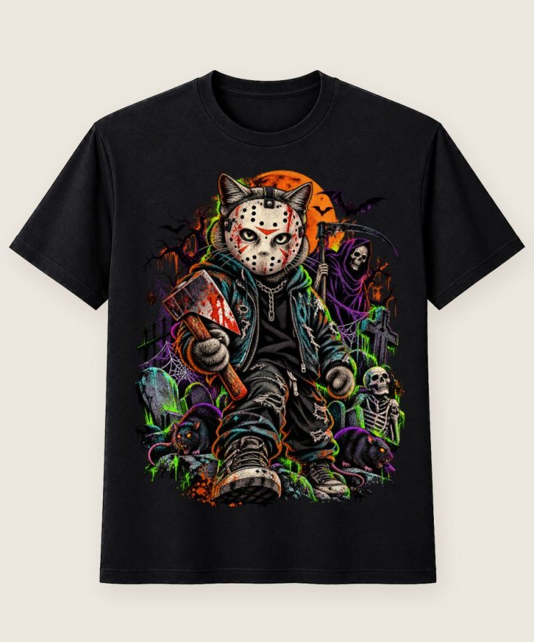 T-Shirt mit Motiv „Maskenkatze Horror Friedhof“ – Halloween T-Shirts
