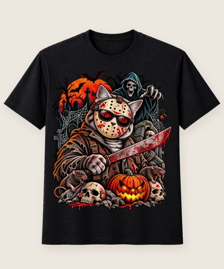 T-Shirt mit Motiv „Maskierte Horror-Katze zu Halloween“ – Halloween T-Shirts