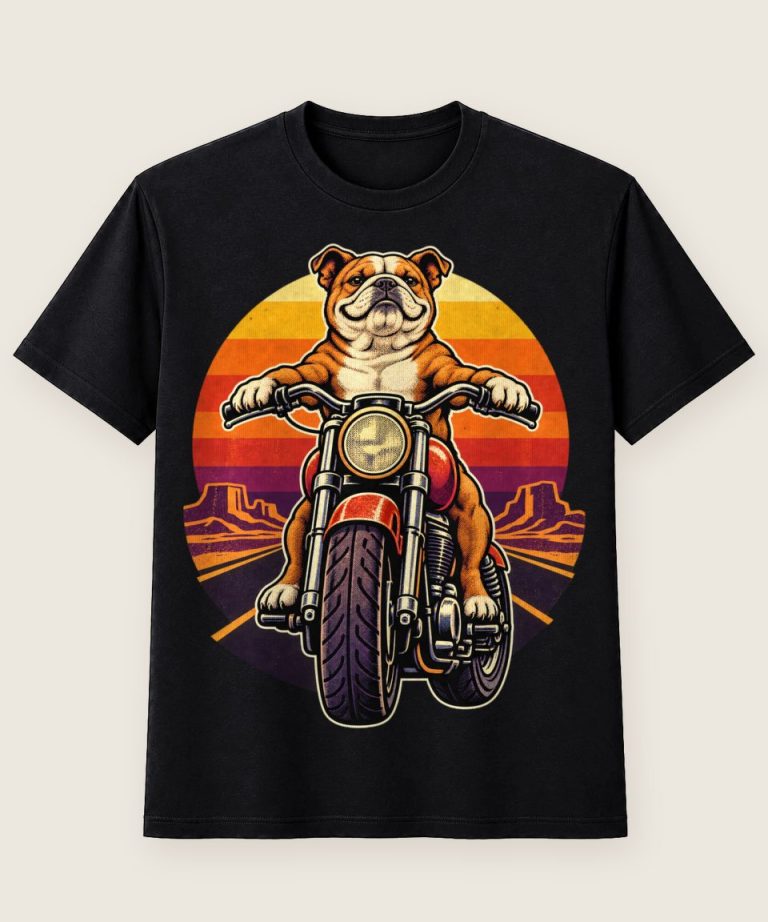T-Shirt mit Motiv „Motorrad-Bulldogge auf Cruiser“ – Hobby & Freizeit T-Shirts