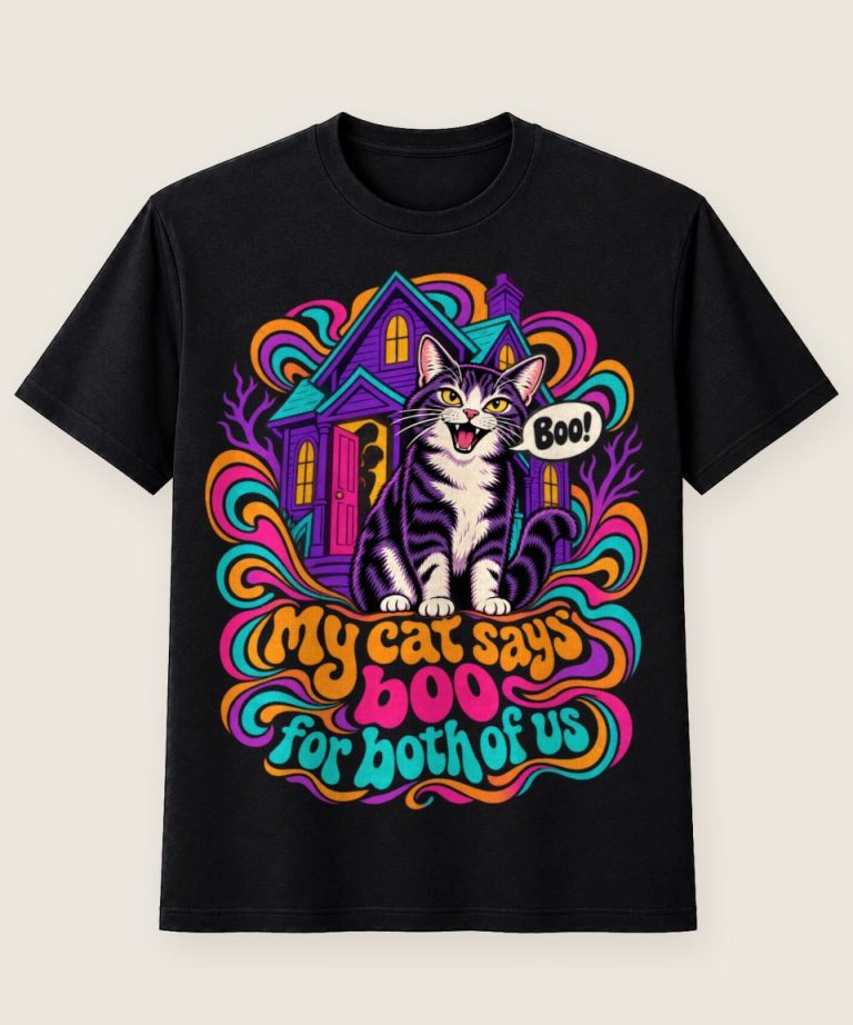 T-Shirt mit Motiv „My Cat Says Boo For Both Of Us schüchterner Halloween Fan“ – Halloween T-Shirts