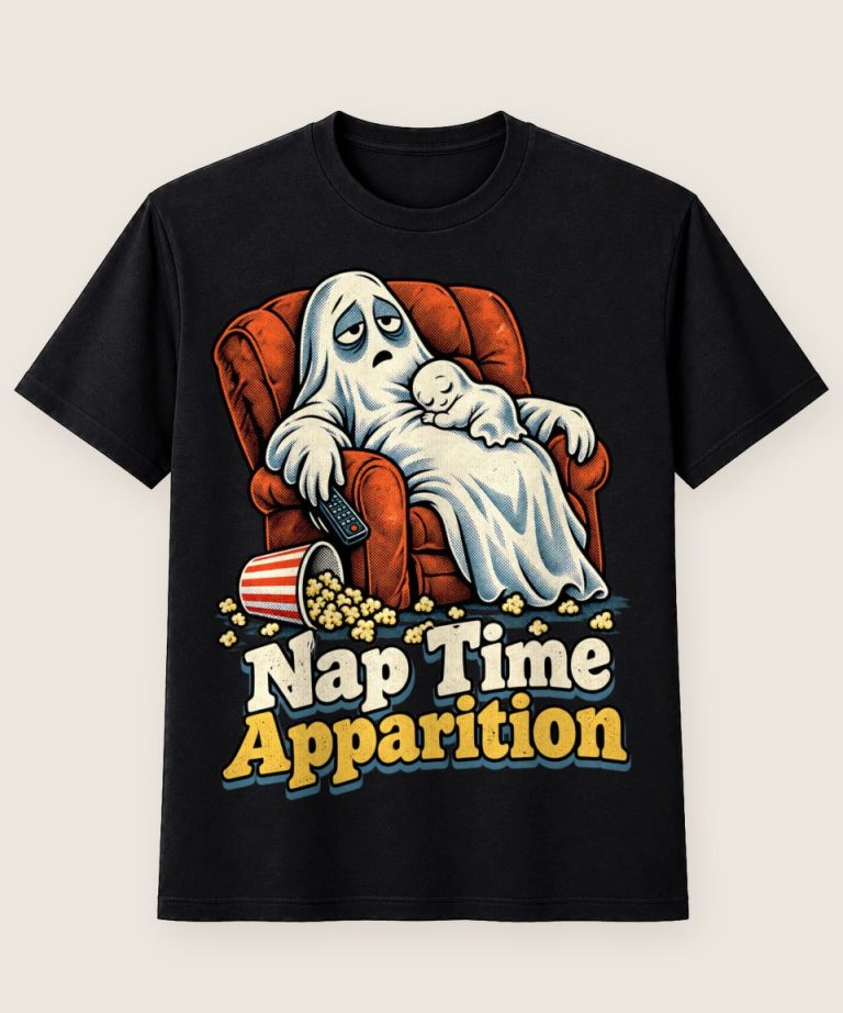 T-Shirt mit Motiv „Nap Time Apparition müder Vater im Fernsehsessel Halloween“ – Halloween T-Shirts