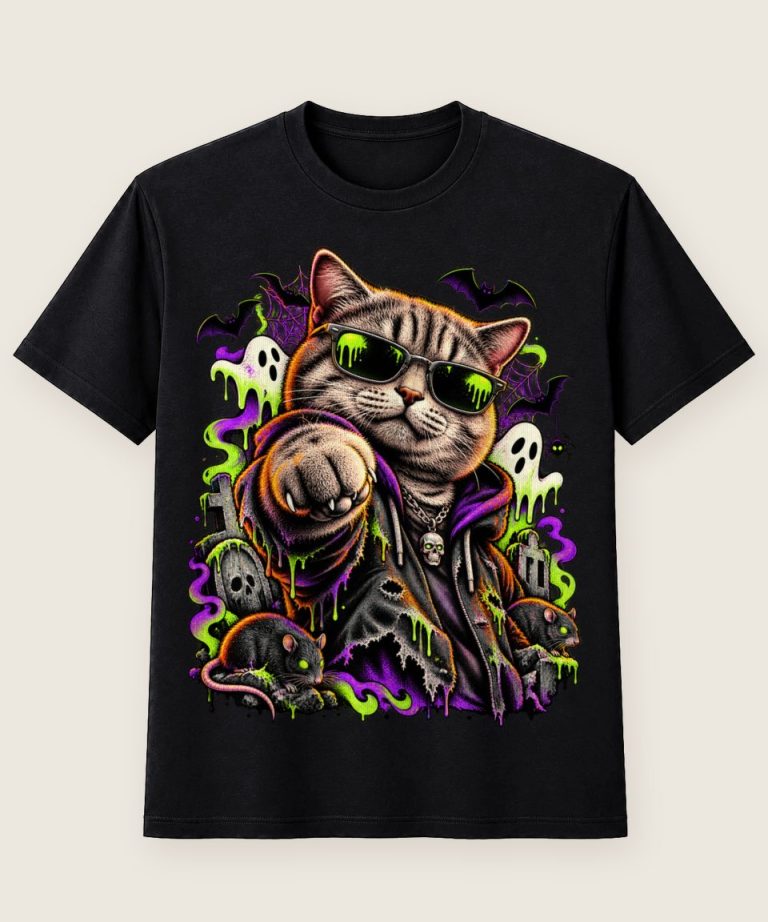 T-Shirt mit Motiv „Neon Gruselkatze mit Ratten“ – Halloween T-Shirts