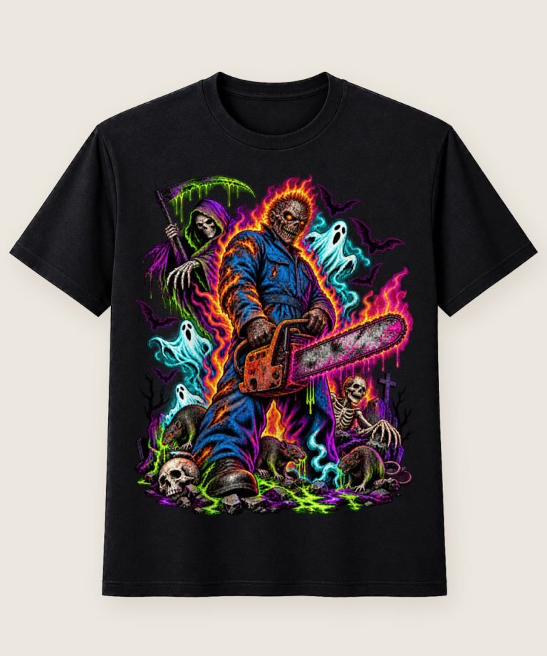 T-Shirt mit Motiv „Neon Horror Kettensäge Reaper Szene“ – Halloween T-Shirts