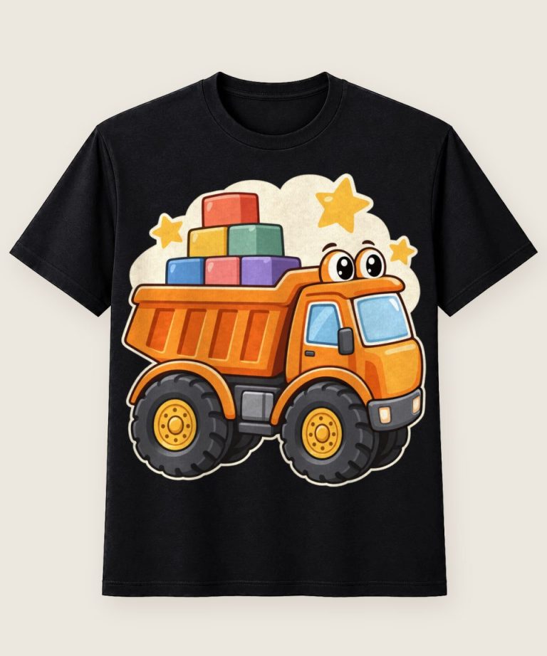 T-Shirt mit Motiv „Oranger Kipplaster mit Bauklötzen Kinder“ – Kinder-T-Shirts
