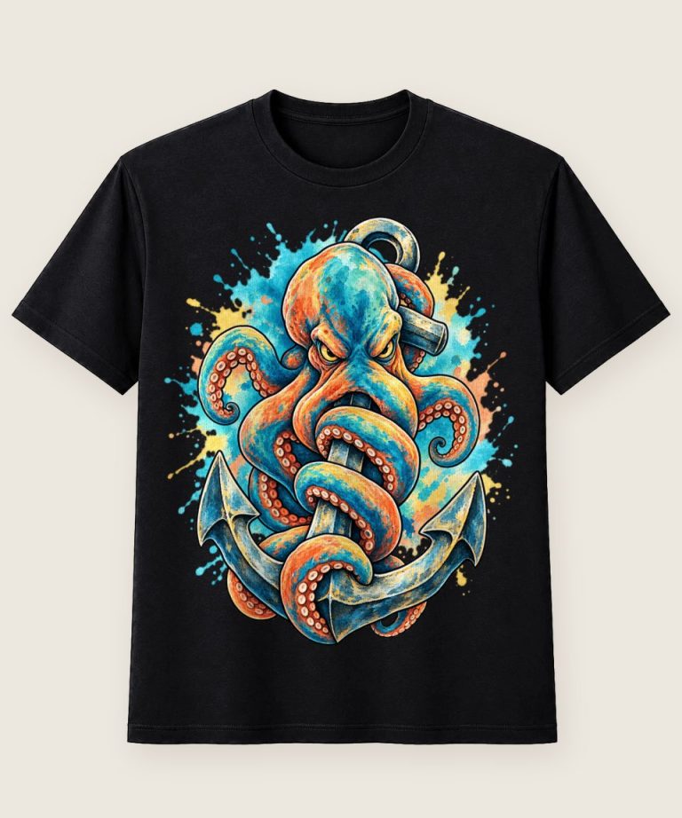 T-Shirt mit Motiv „Ostsee Oktopus mit Anker Aquarell“ – Hobby & Freizeit T-Shirts