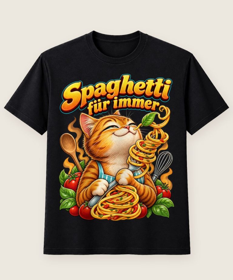 T-Shirt mit Motiv „Pasta und Pizza Katze Spaghetti für immer“ – Hobby & Freizeit T-Shirts