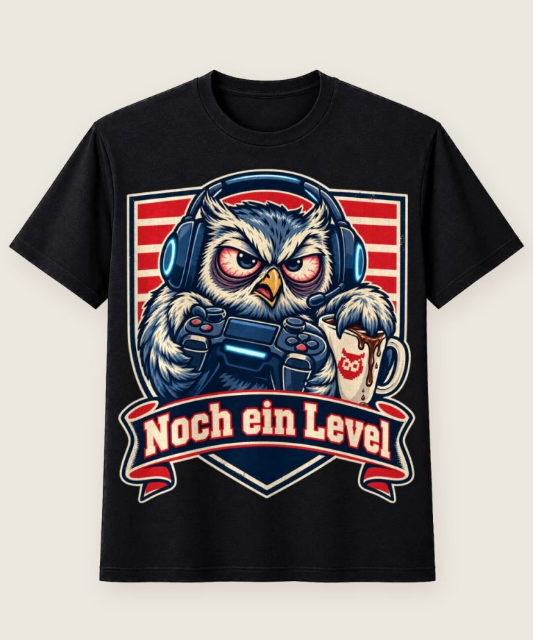 T-Shirt mit Motiv „PC-Gaming-Eule Noch ein Level“ – Hobby & Freizeit T-Shirts