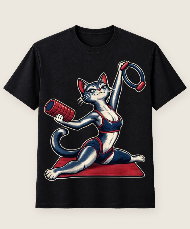 T-Shirt mit Motiv „Pilates Katze in übertriebener Dehnung“ – Hobby & Freizeit T-Shirts