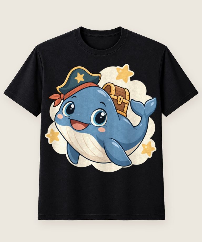 T-Shirt mit Motiv „Piratenwal mit Schatztruhe Kinder“ – Kinder-T-Shirts