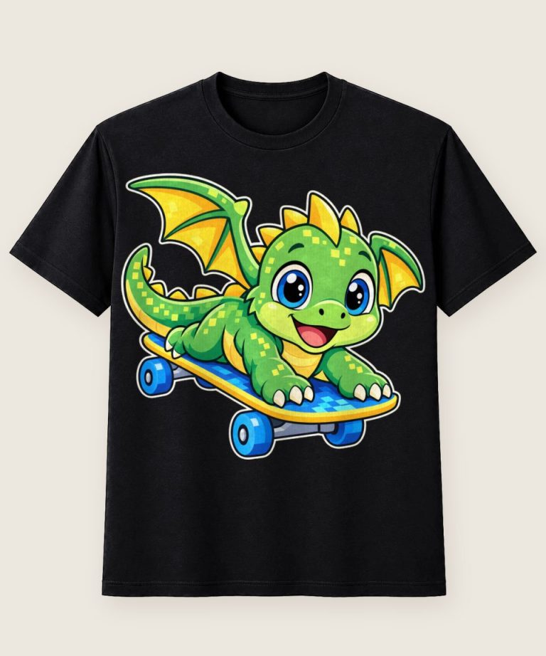 T-Shirt mit Motiv „Pixel-Babydrache auf Skateboard für Gaming-Kids“ – Kinder-T-Shirts