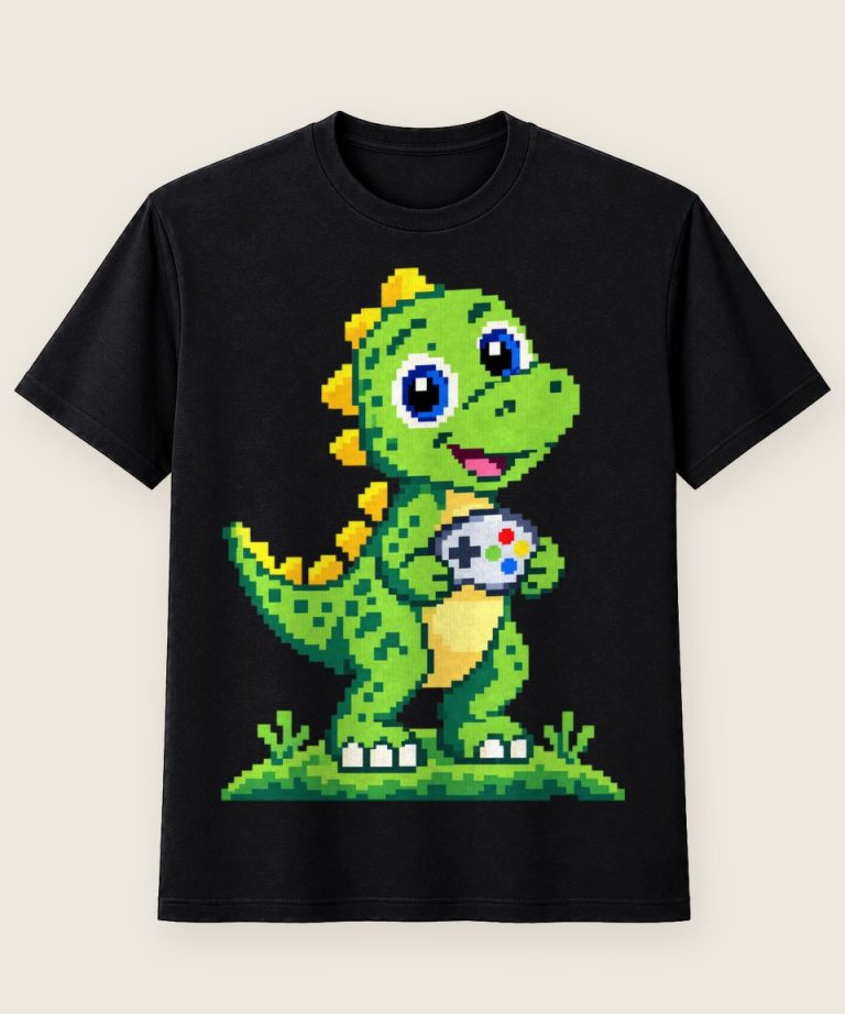 T-Shirt mit Motiv „Pixel Dino Gamer Kinder“ – Kinder-T-Shirts