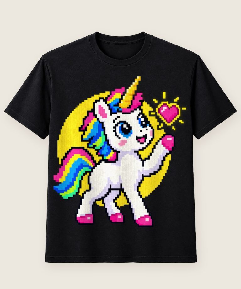 T-Shirt mit Motiv „Pixel-Einhorn mit Herz und Pixel Unicorn Power“ – Kinder-T-Shirts