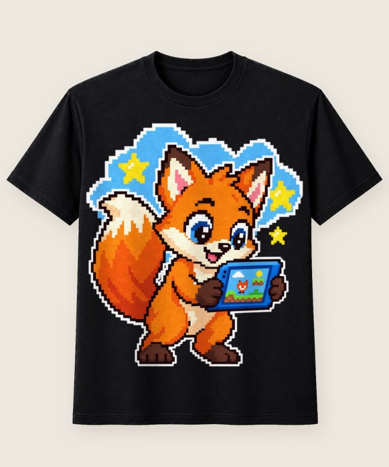 T-Shirt mit Motiv „Pixel-Fuchs Gamer Kind mit Tablet“ – Kinder-T-Shirts