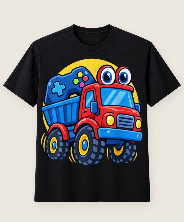 T-Shirt mit Motiv „Pixel-Lastwagen mit Gamepad Kinder“ – Kinder-T-Shirts