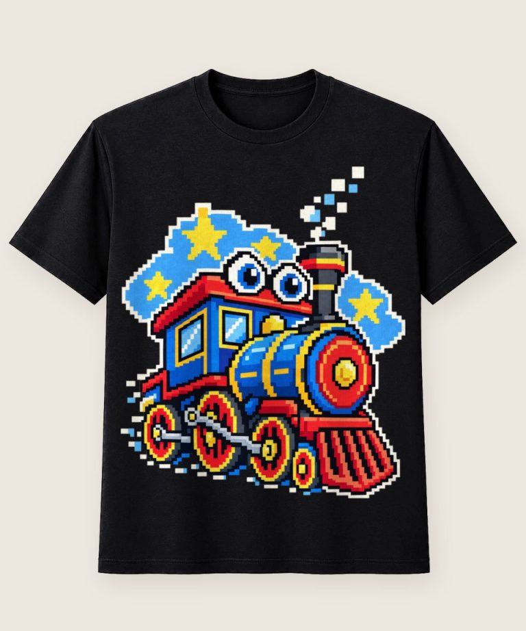 T-Shirt mit Motiv „Pixel-Zuglok mit großen Augen Kids“ – Kinder-T-Shirts