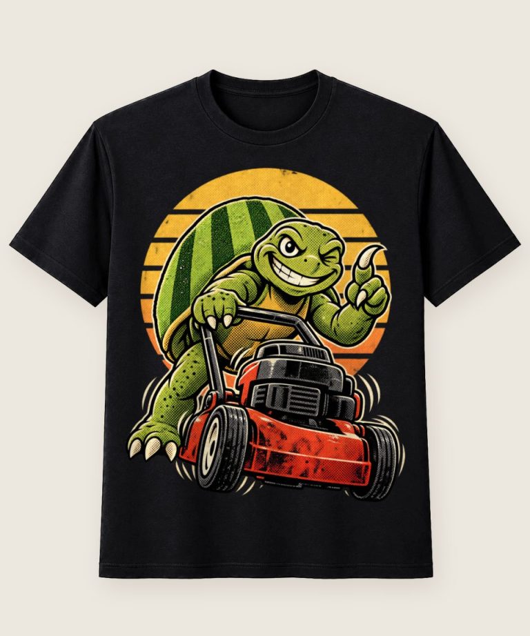 T-Shirt mit Motiv „Rasenpflege Schildkröte beim Mähen Comic“ – Hobby & Freizeit T-Shirts