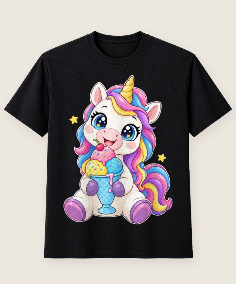 T-Shirt mit Motiv „Regenbogen-Einhorn mit Eis in Comic-Optik“ – Kinder-T-Shirts