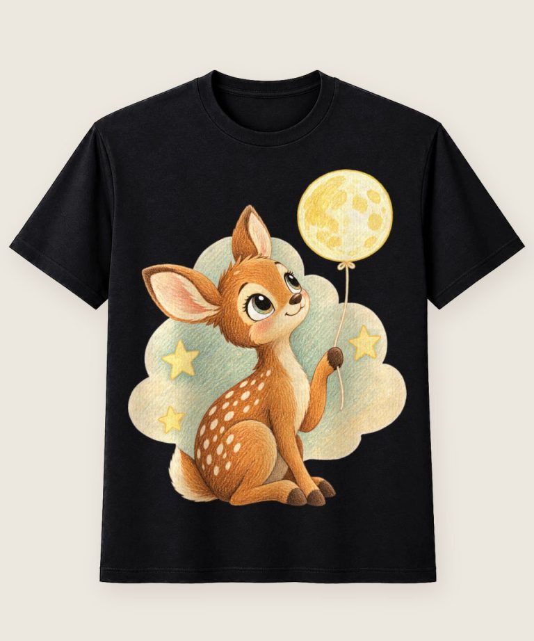 T-Shirt mit Motiv „Reh mit Mondballon für Kinder“ – Kinder-T-Shirts