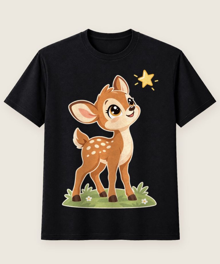 T-Shirt mit Motiv „Rehkitz schaut Stern Kinder“ – Kinder-T-Shirts