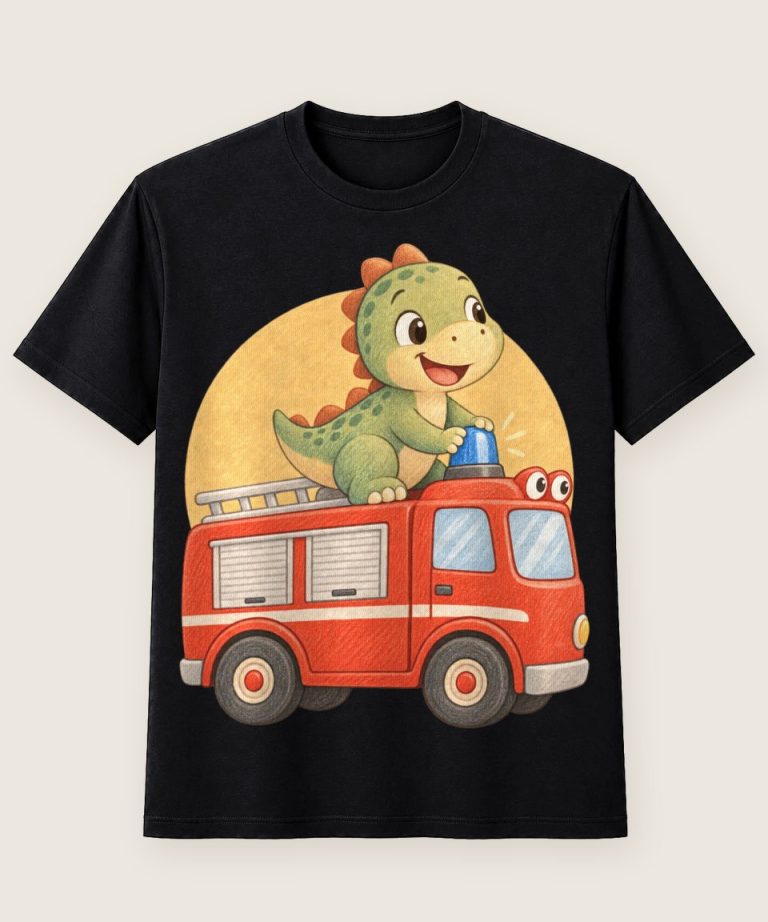 T-Shirt mit Motiv „Rettungs-Dino auf Feuerwehrauto Kinder“ – Kinder-T-Shirts