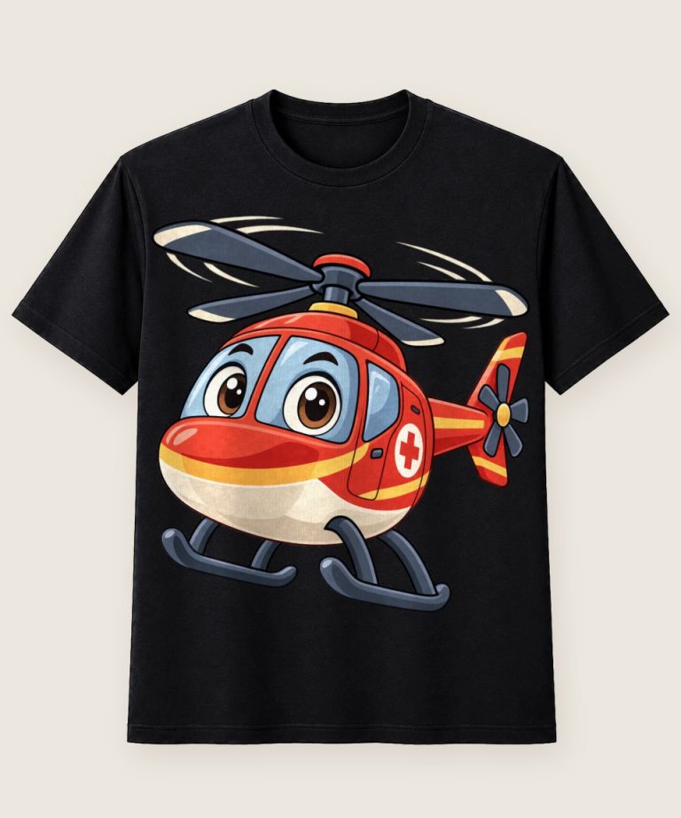 T-Shirt mit Motiv „Rettungshubschrauber Held mit Kulleraugen“ – Kinder-T-Shirts