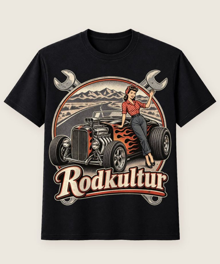 T-Shirt mit Motiv „Rodkultur Oldschool Roadster Rockabilly Garagenstil“ – Hobby & Freizeit T-Shirts