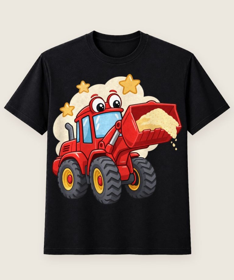 T-Shirt mit Motiv „Roter Radlader mit Sand und Kulleraugen“ – Kinder-T-Shirts