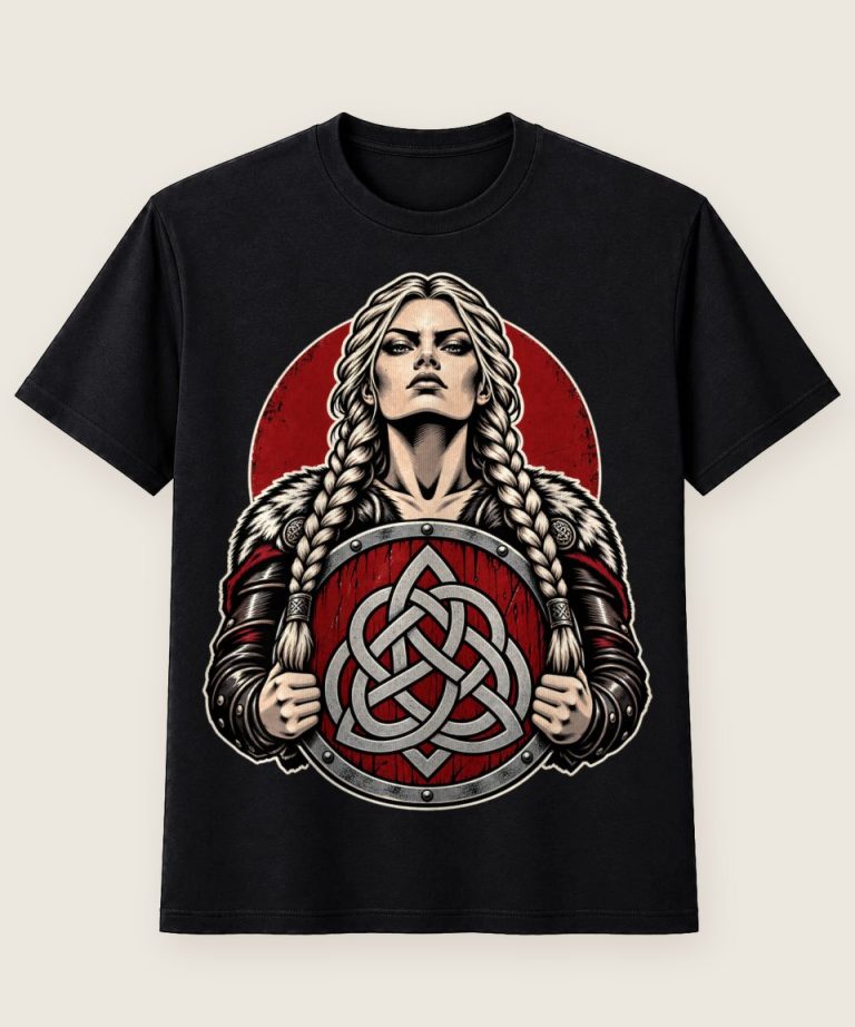 T-Shirt mit Motiv „Schildmaid Wikinger Kriegerin Porträt nordische Frau“ – Hobby & Freizeit T-Shirts