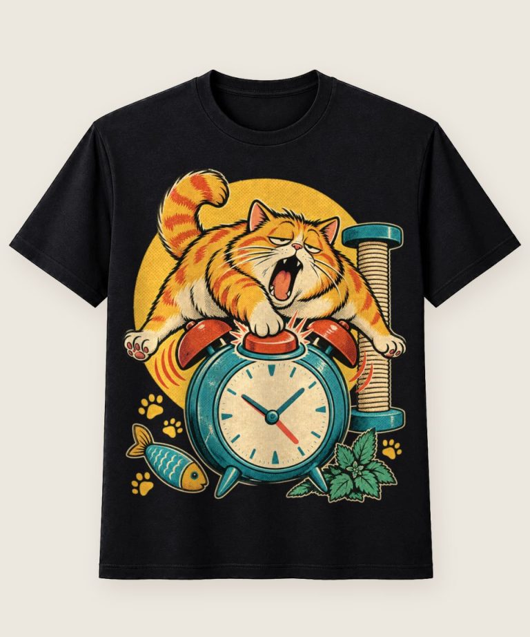T-Shirt mit Motiv „Schlafende Katze drückt müde auf Wecker-Snooze“ – Hobby & Freizeit T-Shirts