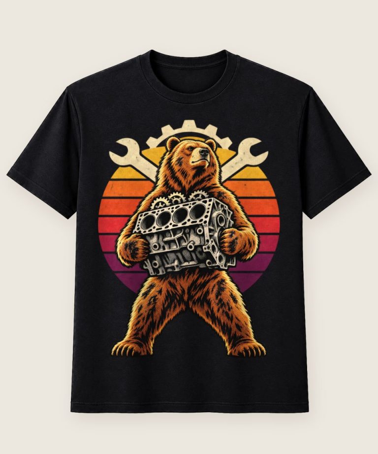 T-Shirt mit Motiv „Schrauber-Bär mit Motorblock“ – Hobby & Freizeit T-Shirts