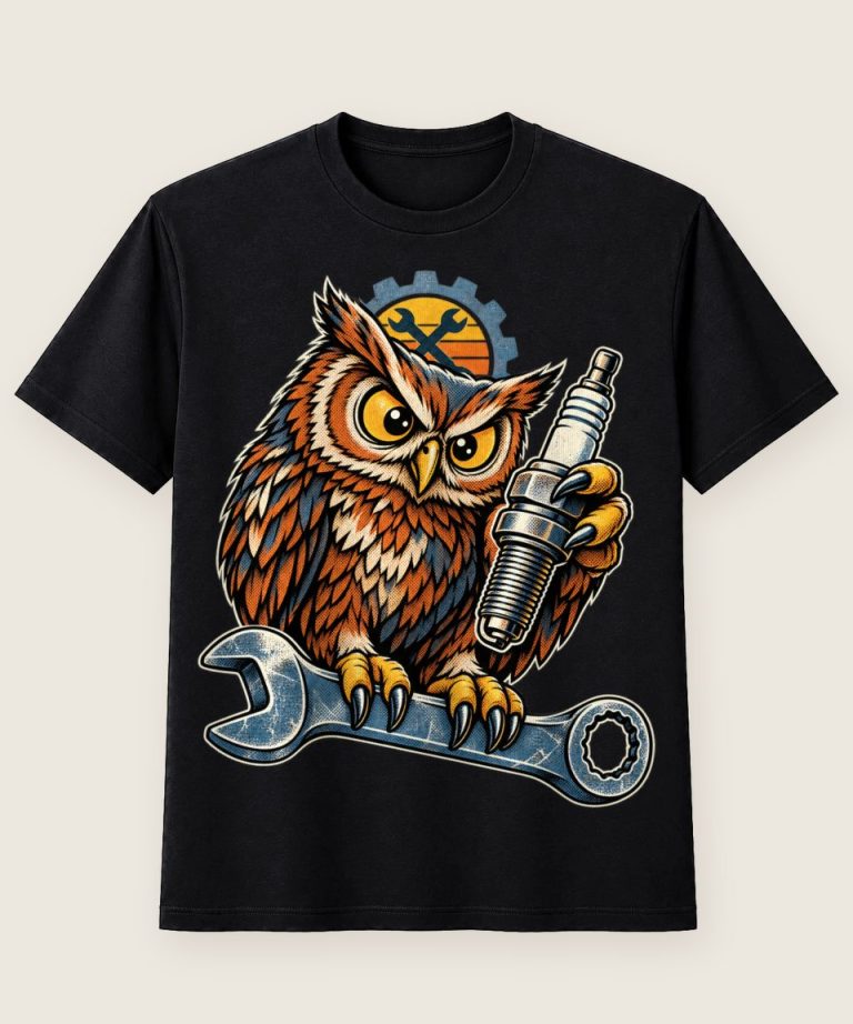 T-Shirt mit Motiv „Schrauber-Eule mit Zündkerzenschlüssel“ – Hobby & Freizeit T-Shirts