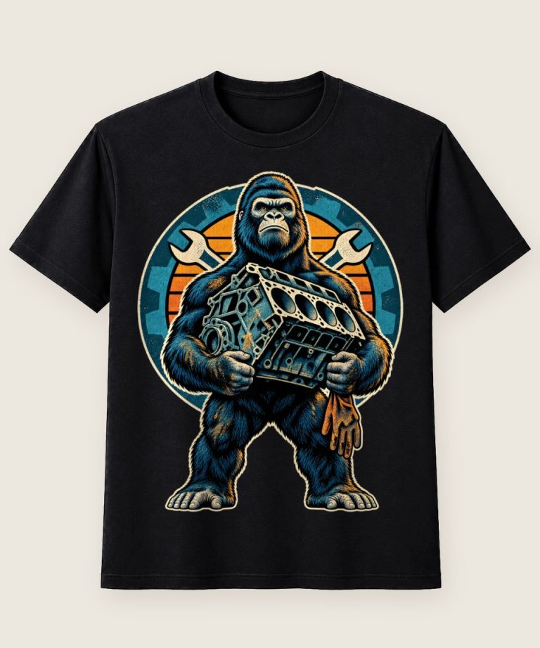 T-Shirt mit Motiv „Schrauber Gorilla Mit V8 Motor“ – Hobby & Freizeit T-Shirts