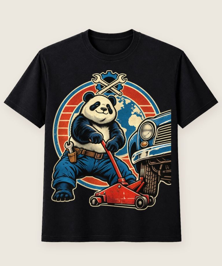 T-Shirt mit Motiv „Schrauber-Panda mit Oldtimer in Garage“ – Hobby & Freizeit T-Shirts