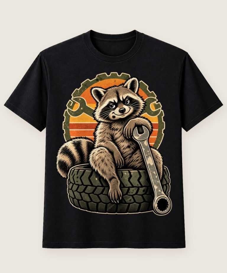T-Shirt mit Motiv „Schrauber-Waschbär auf Reifen mit Werkzeug“ – Hobby & Freizeit T-Shirts