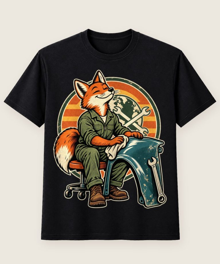 T-Shirt mit Motiv „Schrauberfuchs mit Oldtimer-Kotflügel“ – Hobby & Freizeit T-Shirts