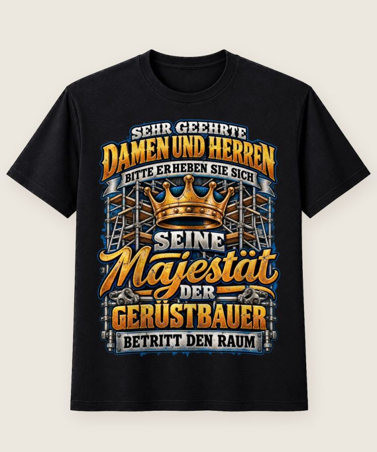 T-Shirt mit Motiv „Seine Majestät der Gerüstbauer betritt den Raum“ – Gerüstbauer T-Shirts