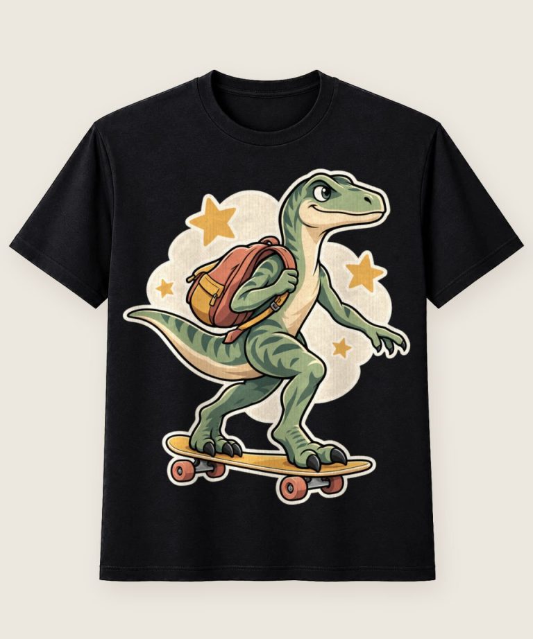 T-Shirt mit Motiv „Skateboard-Dino Kind Schule“ – Kinder-T-Shirts