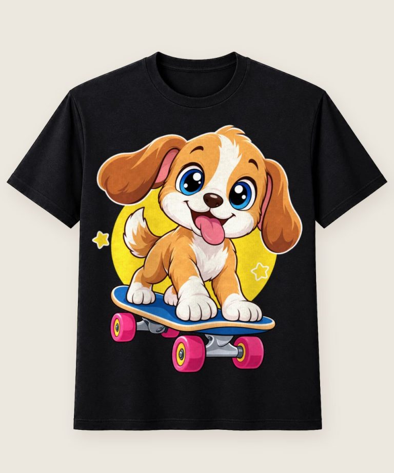 T-Shirt mit Motiv „Skateboard Hund für Kinder fröhlicher Skater-Welpe“ – Kinder-T-Shirts