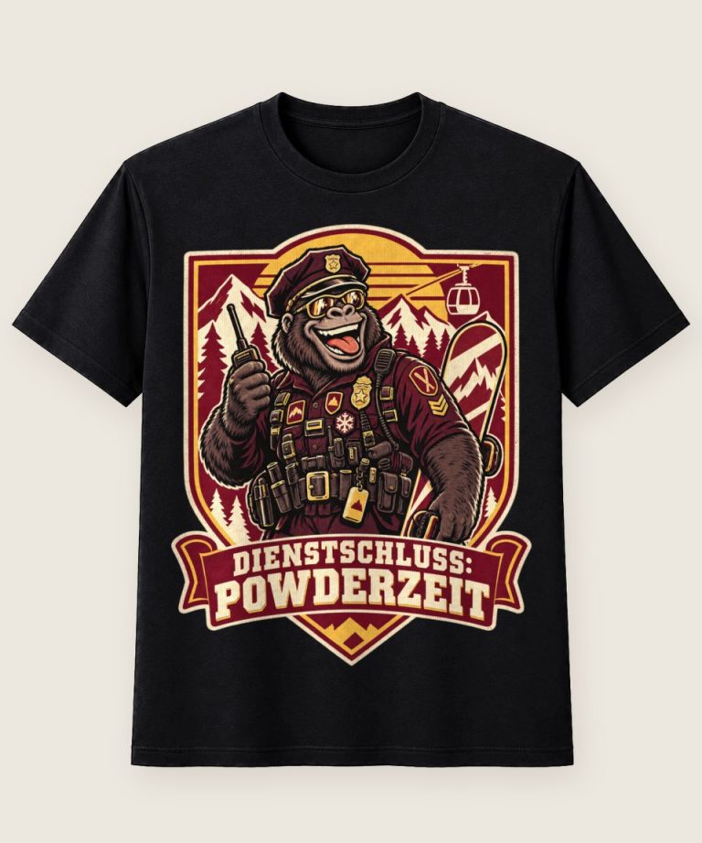 T-Shirt mit Motiv „Snowboard Gorilla-Polizist Dienstschluss Powderzeit“ – Hobby & Freizeit T-Shirts