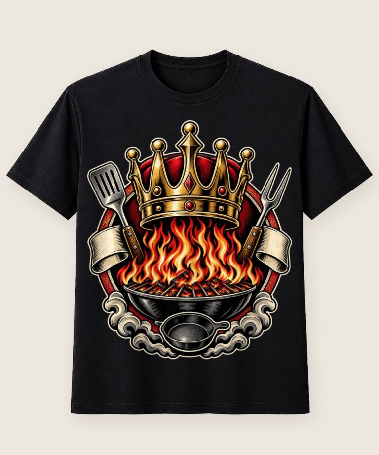 T-Shirt mit Motiv „Steak-Emblem mit Krone und Grillflammen“ – Hobby & Freizeit T-Shirts