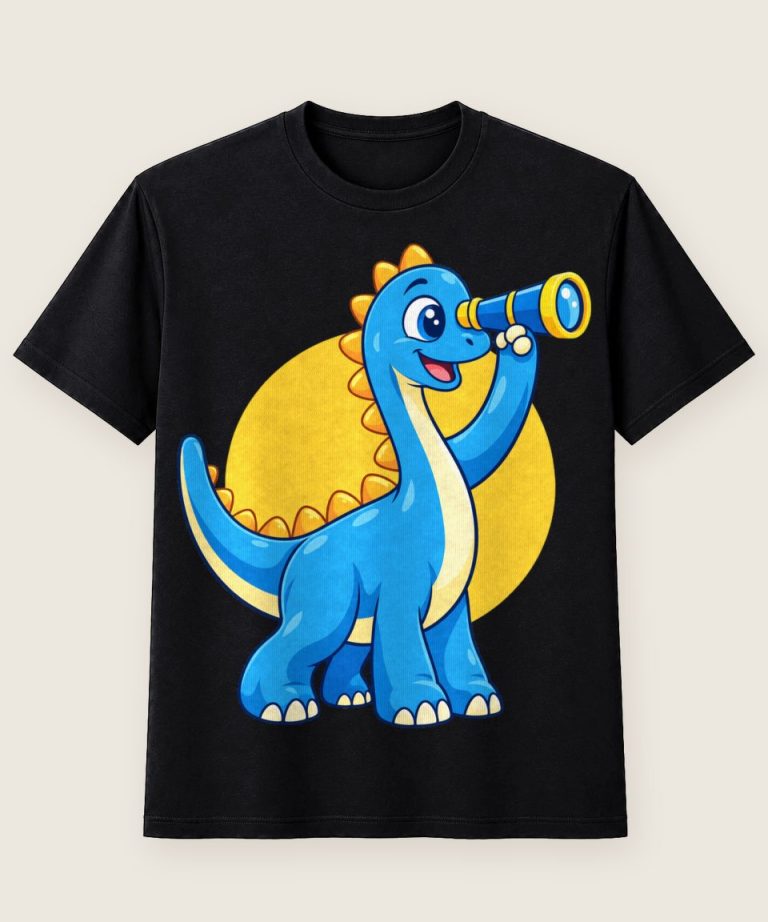 T-Shirt mit Motiv „Sternengucker-Dino mit Teleskop für Kinder“ – Kinder-T-Shirts
