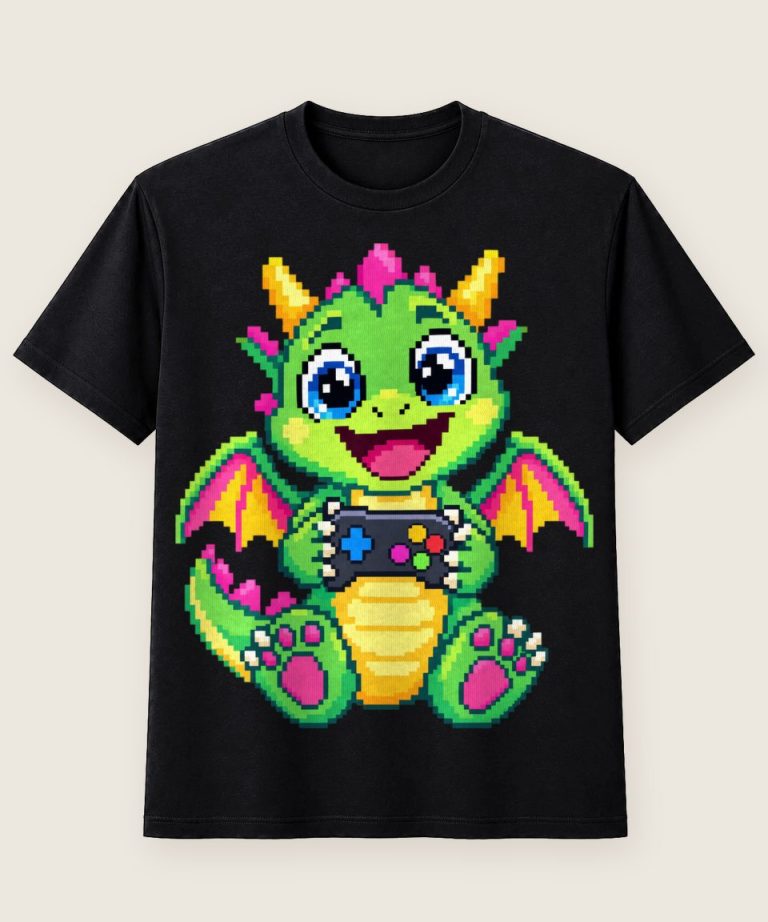 T-Shirt mit Motiv „Süßer Pixel Drache beim Zocken für Kinder“ – Kinder-T-Shirts