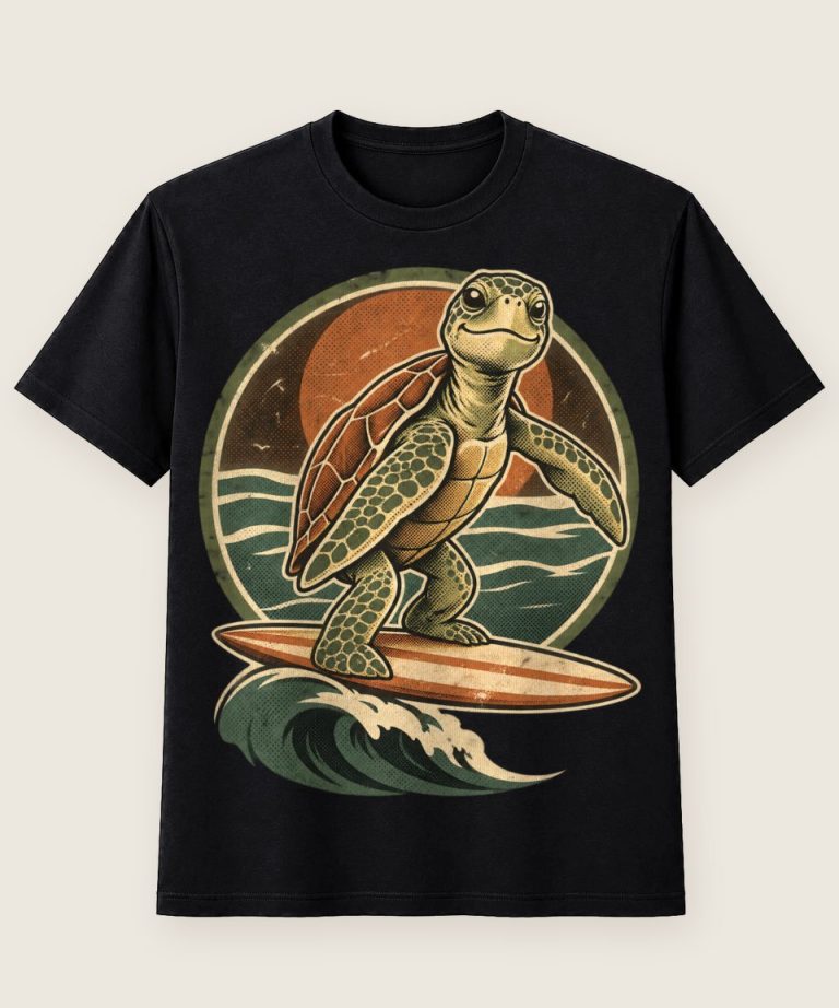 T-Shirt mit Motiv „Surfende Meeresschildkröte am Strand“ – Hobby & Freizeit T-Shirts