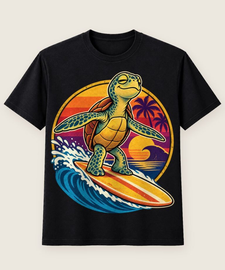 T-Shirt mit Motiv „Surfende Meeresschildkröte am Strand“ – Hobby & Freizeit T-Shirts