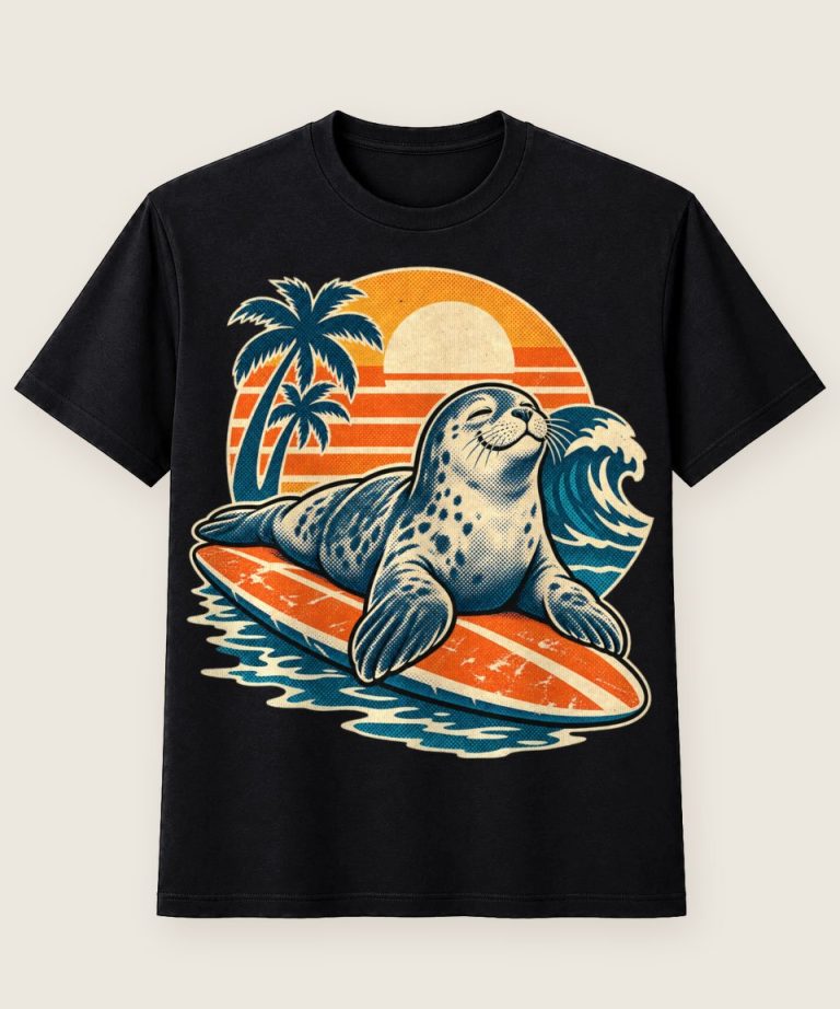 T-Shirt mit Motiv „Surfende Robbe auf Board in ruhiger Wasserfläche“ – Hobby & Freizeit T-Shirts