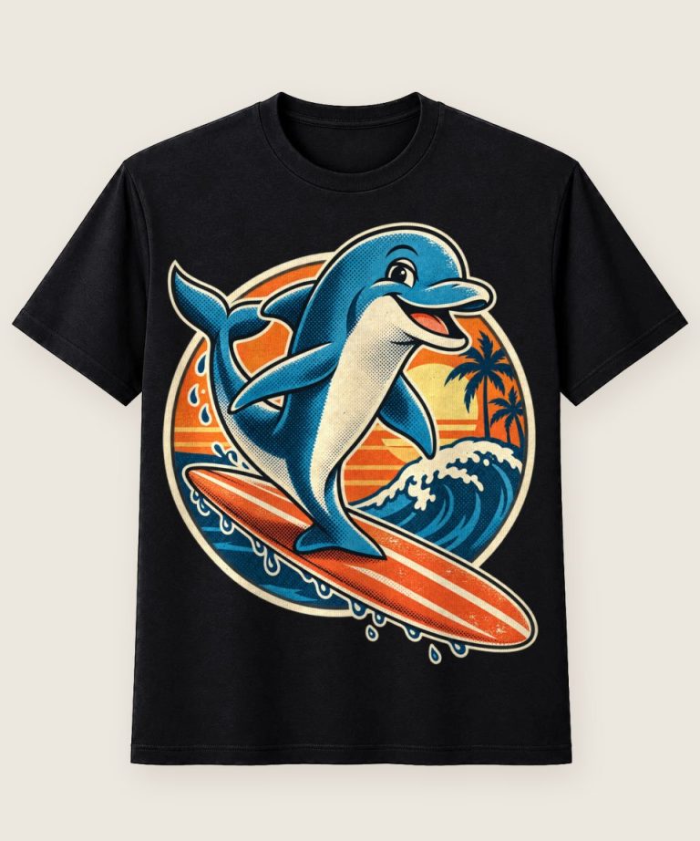 T-Shirt mit Motiv „Surfender Delfin auf Longboard“ – Hobby & Freizeit T-Shirts